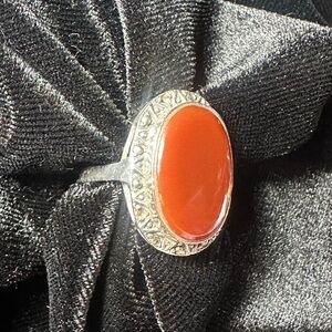 Vintage 925 Sterling Silver Carnelian Ring Oval Cabochon Filigree Statement Sz 8